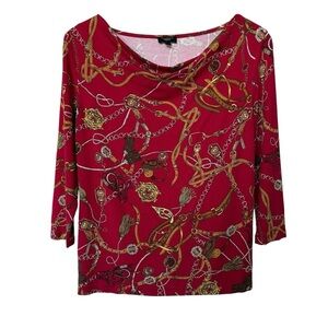 Talbots Women's Petite Red Equestrian Print Draped Neck Blouse S 3/4 Sleeve